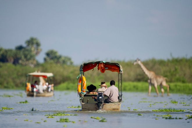 Lake Manze Tented Camp boating giraffe