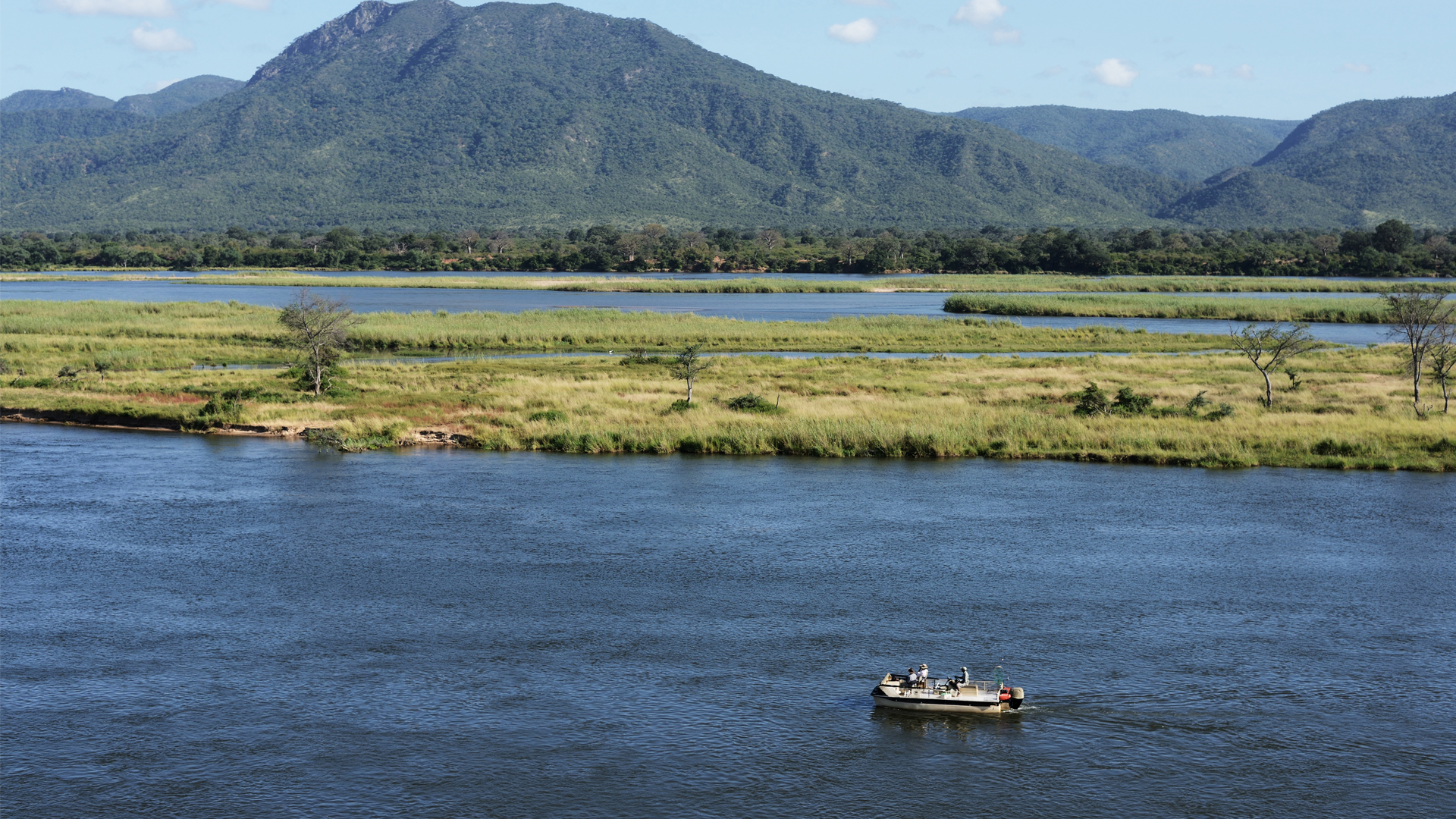 zambia regions lower zambezi national park chiawa pontoon boat landscape